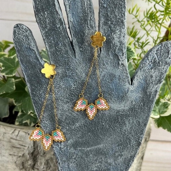 Delicate Gold Floral Dangle Earrings - Cute Beaded Flower Earrings - Picture 5 of 13